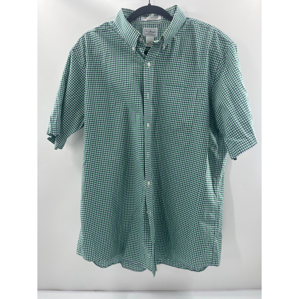 LL Bean Mens Large Green Blue Gingham Check Wrinkle Resistant SS Button Down